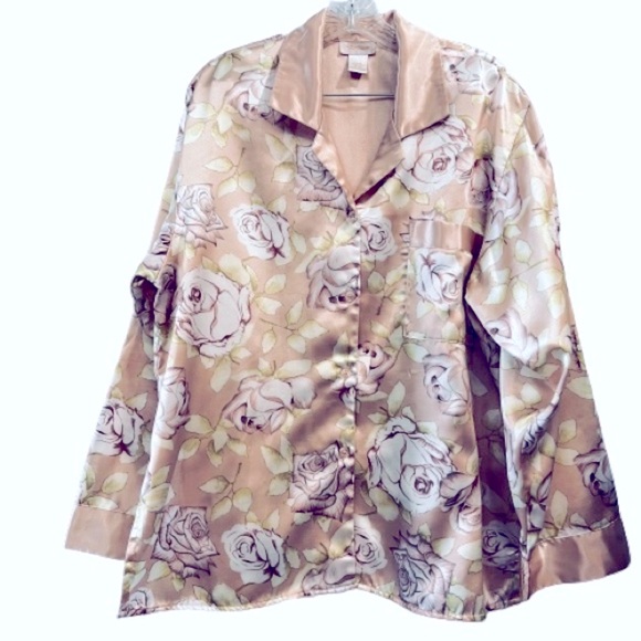 Barbizon Satin Pajama Jacket Button-up Top Long Sleeve Floral Print XL - Picture 1 of 6